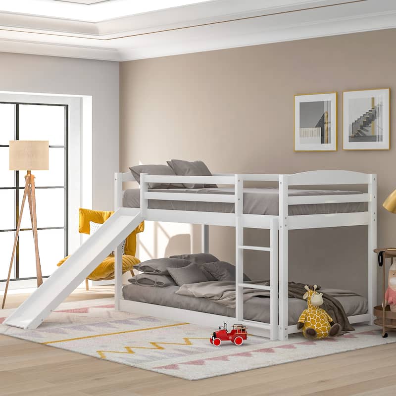 Twin Wooden Low Bunk Bed with Slide and Ladder - White
