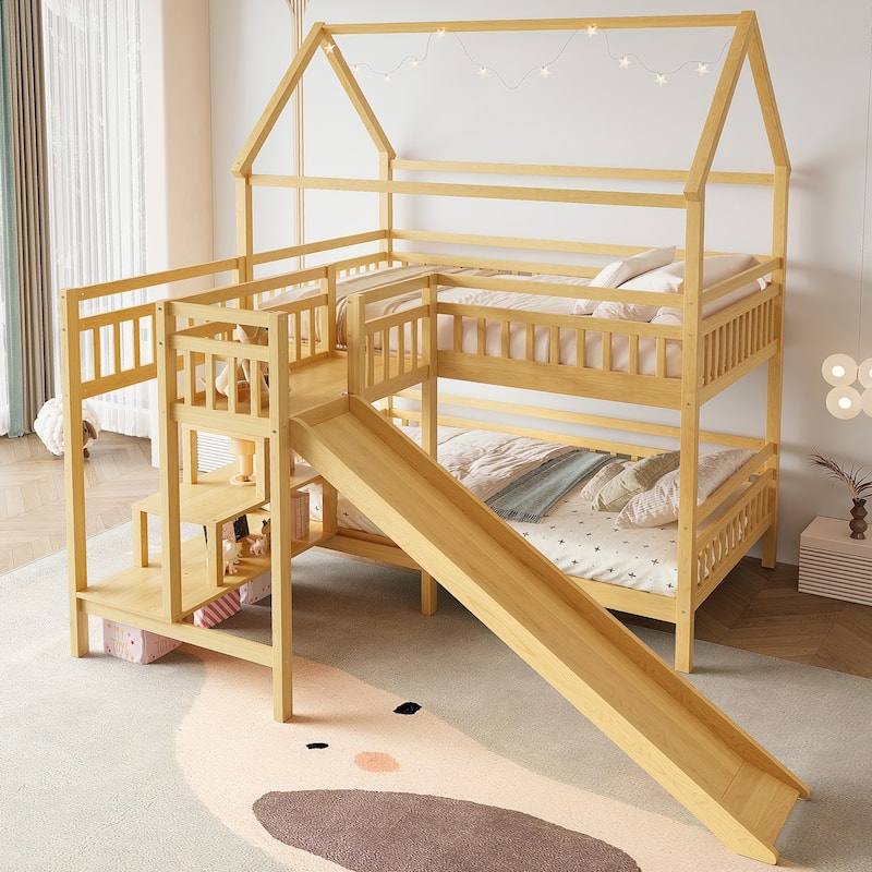 Full/Twin House-Shaped Bunk Bed with Slide & Storage Stairs, Playhouse Bed with Two Placement Methods