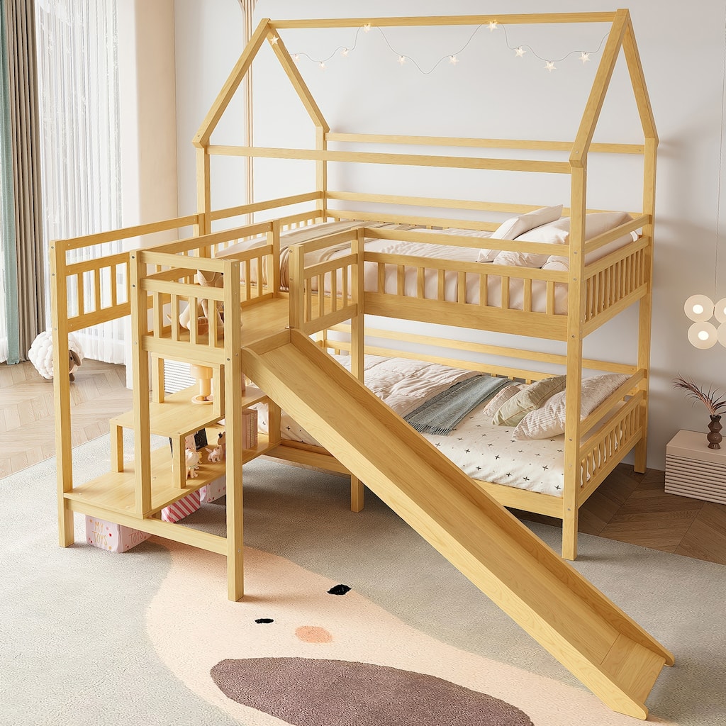 House-shaped Bunk Bed Playful Kids Bed Frame with Storage Stairs, Slide and 2 Placement Methods for Boys and Girls