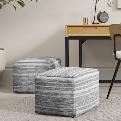 WYNDENHALL Eleanor Contemporary Square Woven Pouf in Black Melange, White Wool