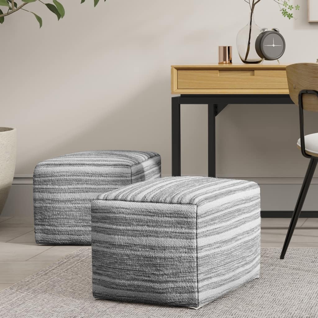 WYNDENHALL Eleanor Contemporary Square Woven Pouf in Black Melange, White Wool