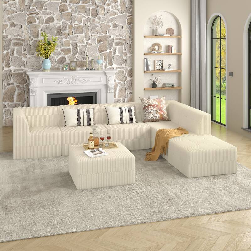 Ottoman sofa Compressed Sectional Sofa Modern Minimalist Style Corduroy Couch, Sleeper Sofa for Living Room, Bedroom - White