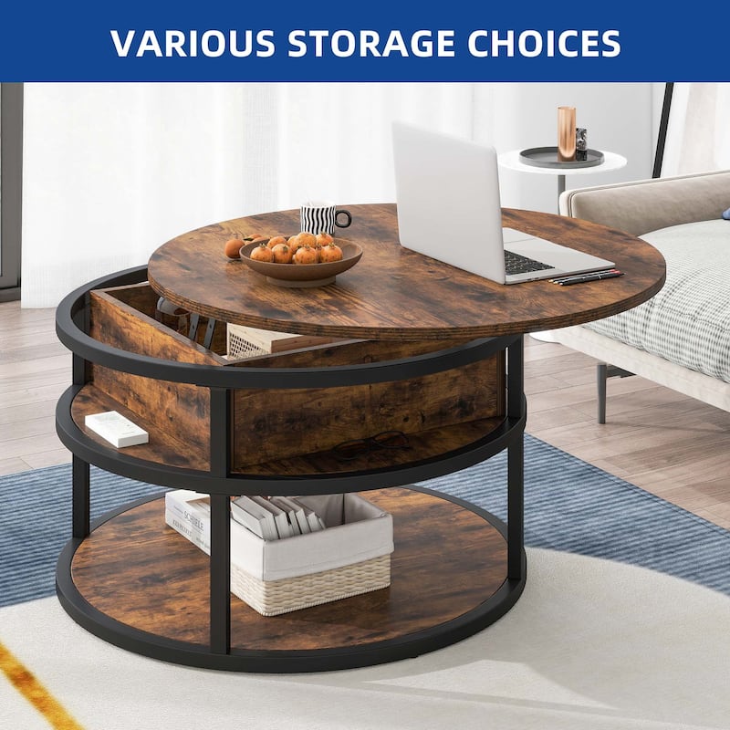 Moasis Farmhouse Lift Top Round Coffee Table with Hidden Storage and Base Shelf for Living Room