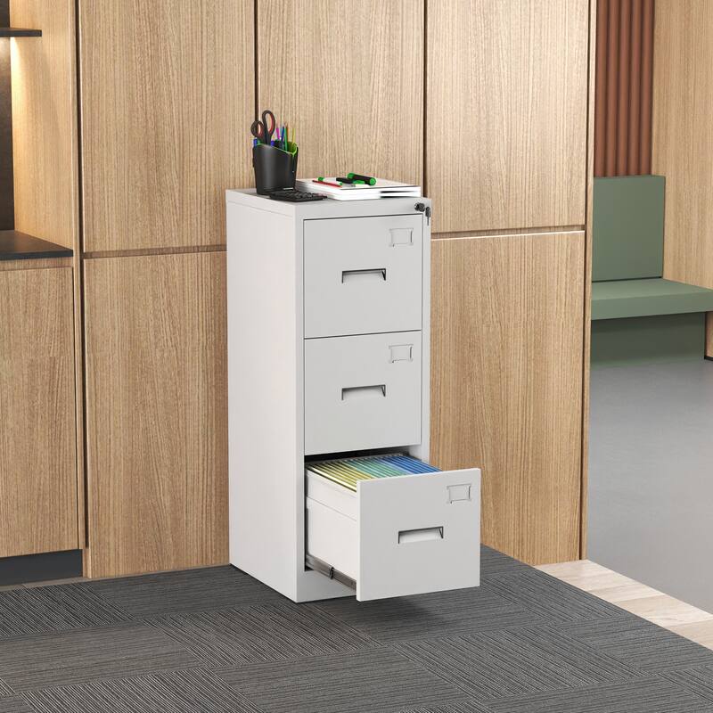 Modern Narrow File Cabinet Vertical Filing Cabinet with 3 Drawers, Locks and Card Slots, for Home Office, White