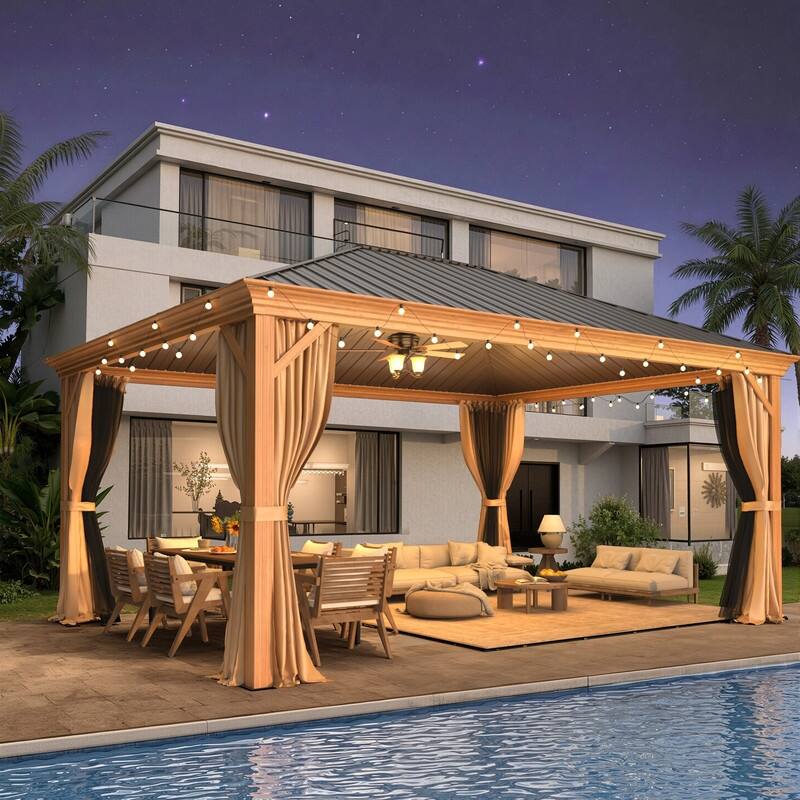 Erommy Pro Series Outdoor Galvanized Steel Roof Gazebo Pergola w/ Aluminum Frame & Vertical Rain Cutter