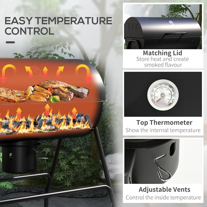 Barrel Charcoal BBQ Grill with 420 sq.in. Cooking Area, Outdoor Barbecue with Wheels, Ash Catcher and Built-in Thermometer