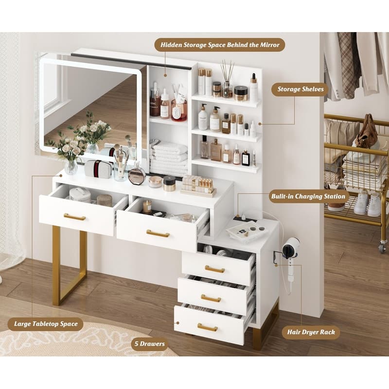 Vanity Desk with Sliding LED Mirror and Charging Station, 5 Drawers, 3 Shelves