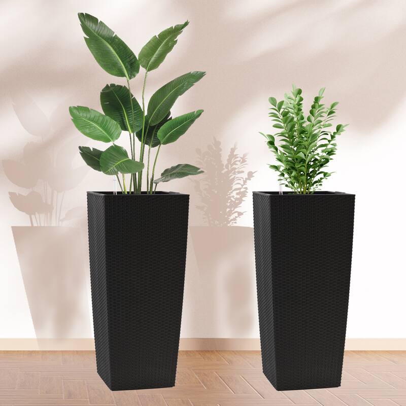 Self-Watering Rattan Enhanced Outdoor Planter with Dual-Basin Design