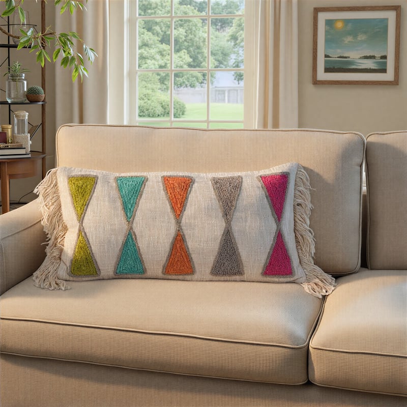 Cotton Lumbar Pillow with Embroidery and Fringe - Bright Multicolors