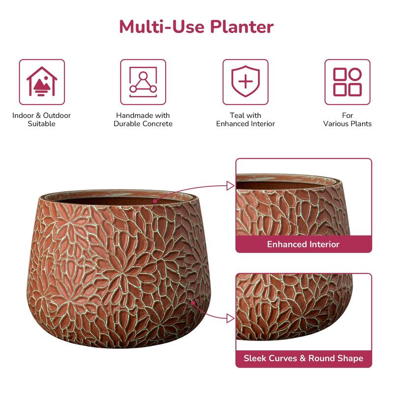 Concrete Tall Round Planter with Floral Pattern with Drainage Holes - 18 x 13.5