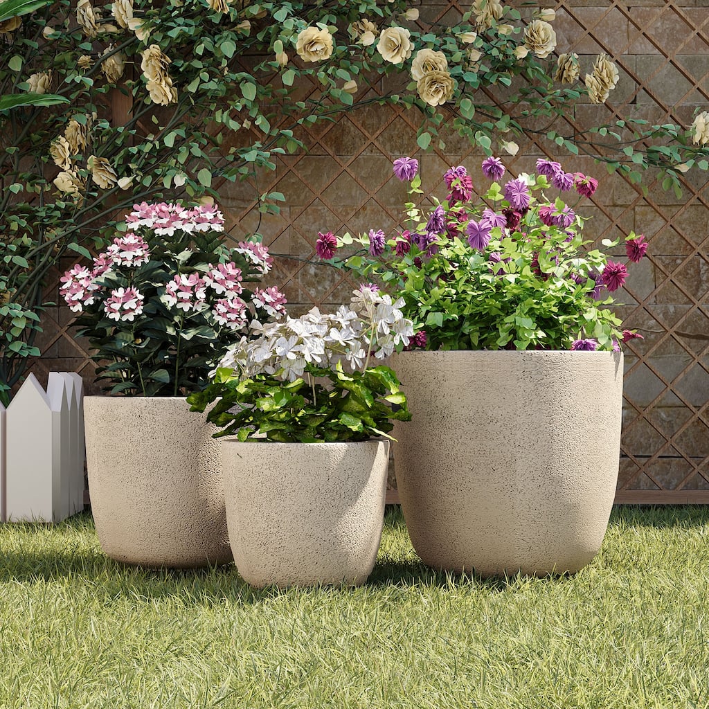 Lightweight Matte Textured MGO Flower Pot Set of 3,Round Concrete Stackable Planter with Drainage Holes and Rubber Plug