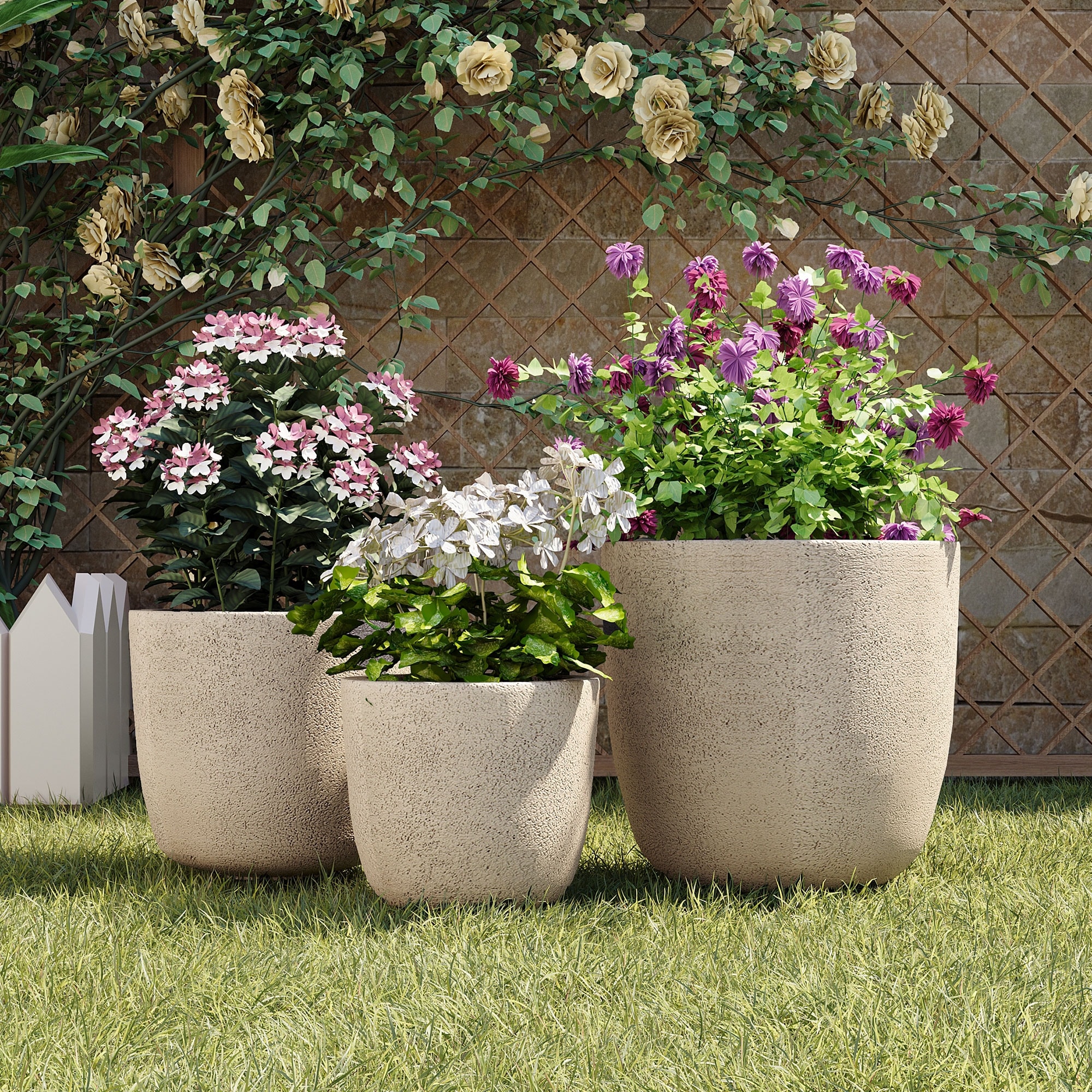 Lightweight Matte Textured MGO Flower Pot Set of 3,Round Concrete Stackable Planter with Drainage Holes and Rubber Plug