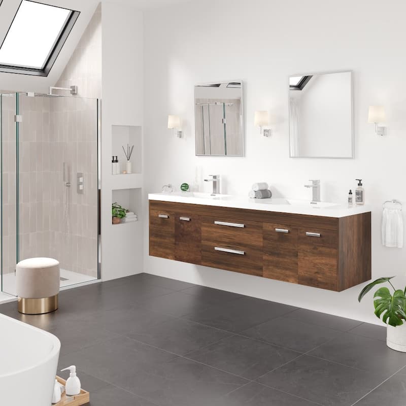 Lugano 72"W Wall Mount Bath Vanity with Acrylic Top & Integrated Sinks