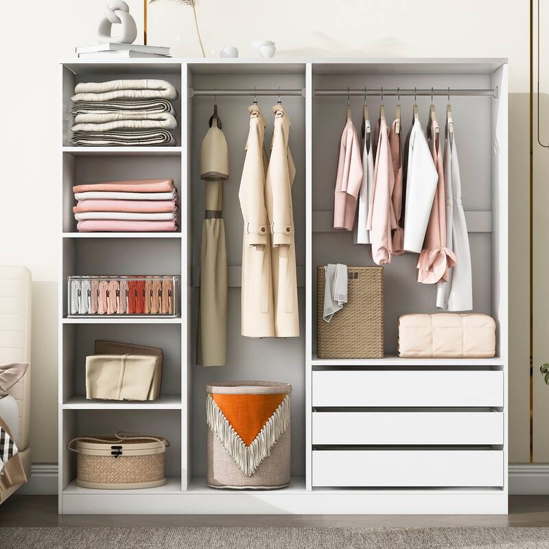 Doorless Wooden Storage Wardrobe with Drawers, White Clothing Storage Cabinet Organizer with Open Shelves