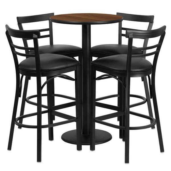 Dyersburg 5pcs Table Set Round 24" Walnut, Black Vinyl Barstool