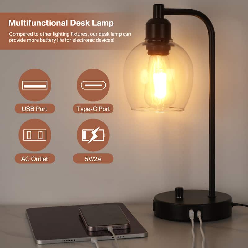 14.5 in. Industrial Table Lamp with Glass Shade with USB Port and Outlet