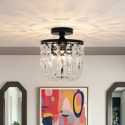 Minimalist 3-light Black Round Crystal Semi Flush Ceiling Light
