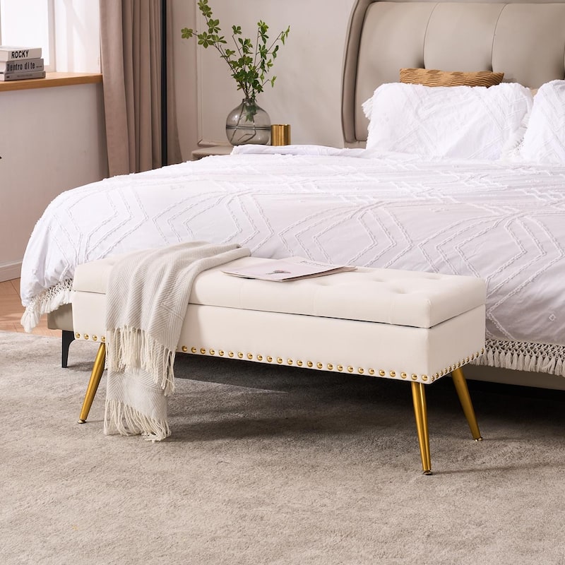 Velvet Storage Ottoman Bench with gold legs and Nailhead Trim for Bedroom/End of Bed/Entryway/Window - Ivory-40" Wide