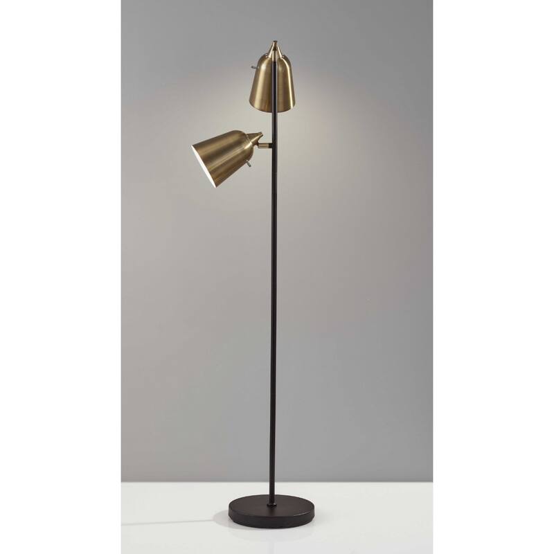 Black Metal Two Light Task Floor Lamp with Antiqued Brass Cone Shades Push Switch - 15” x 16” x 57.5” (D x W x H0