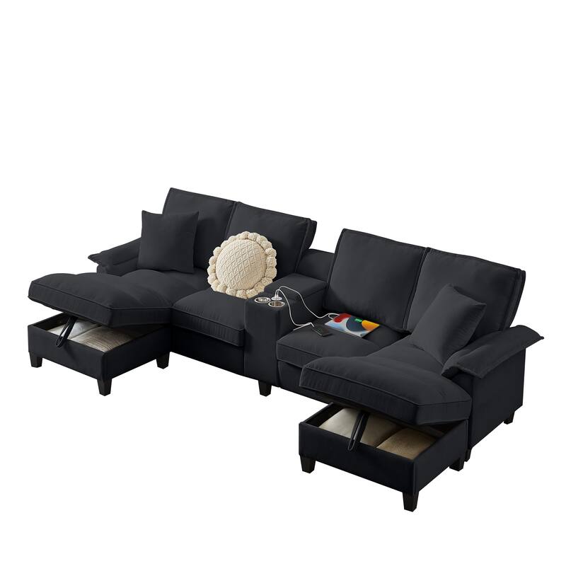 Sectional Sofa Bed Sleeper Sofa with Storage, U-Shaped 4-Seater Chaise Lounge Sofa with Cup Holders & USB Charge