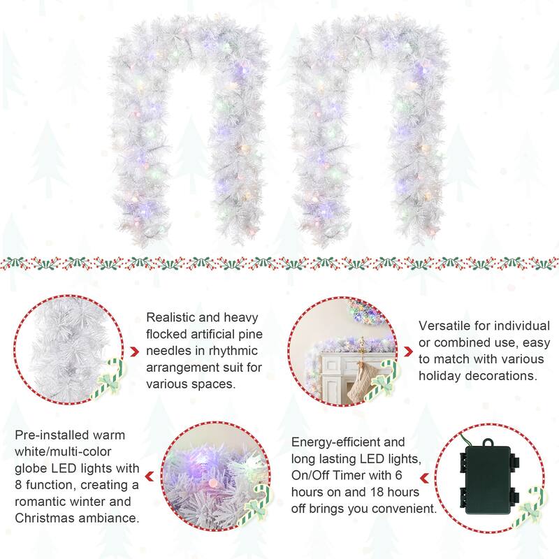 Glitzhome Pre-Lit Snow Flocked White/Greenery Pine Garland & Wreath & Teardrop