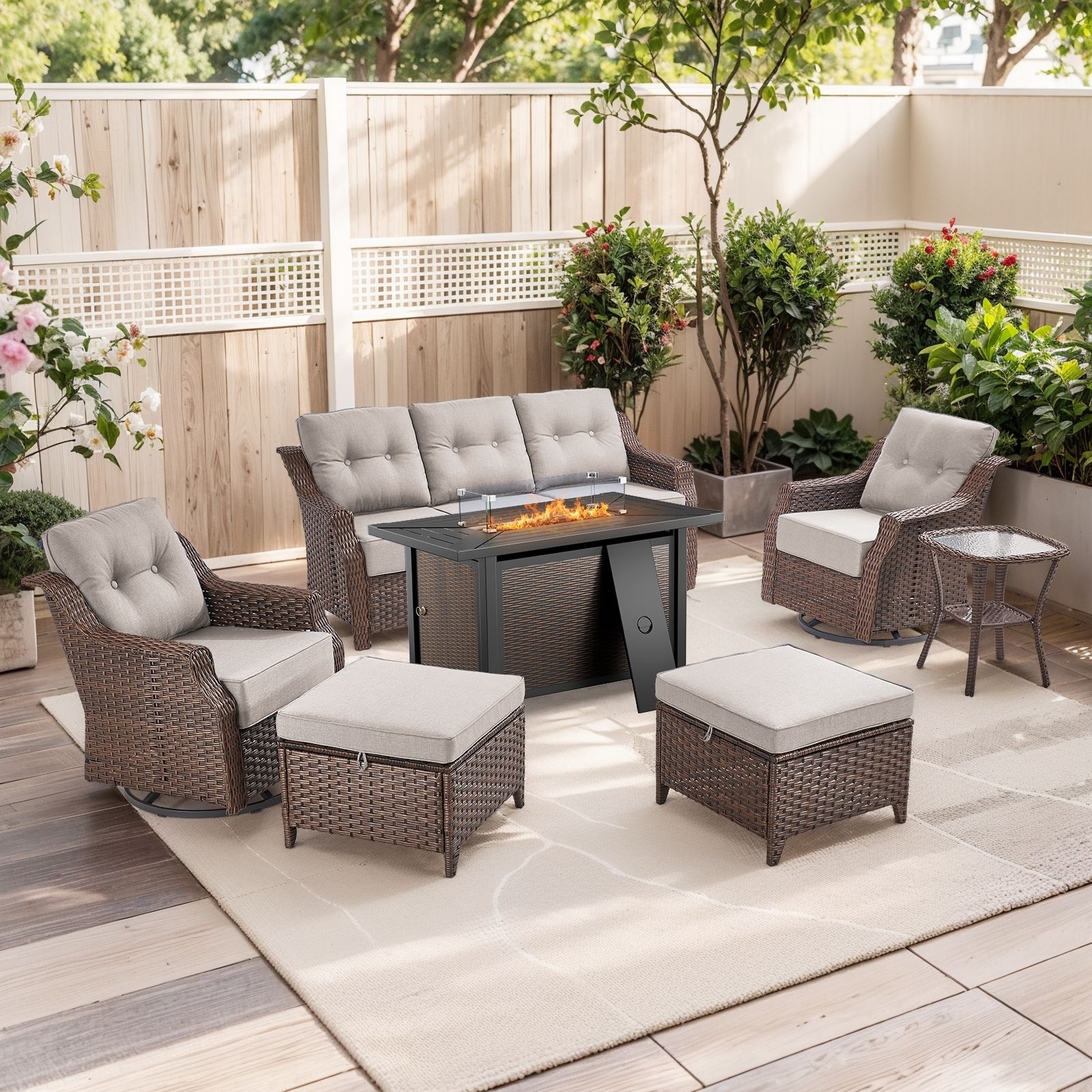 Pocassy 7-Piece Luxury Patio Sofa Furniture Set with 6" Thick Cushions Swivel Chiars with 43 Inch Fire Pit Table 5,0000 BTU