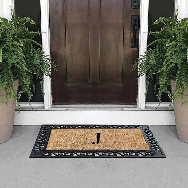 A1HC Rubber and Coir Maple Leaf, Heavy Weight Durable Monogrammed Doormat, 23"X38" Black