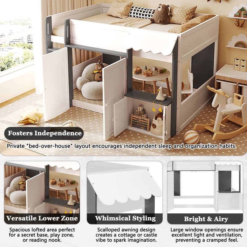 Full Size Loft House Bed with Playhouse Design & Storage, Modern Wooden Cabin Bed with Guardrails and Ladder for Kids, Teens
