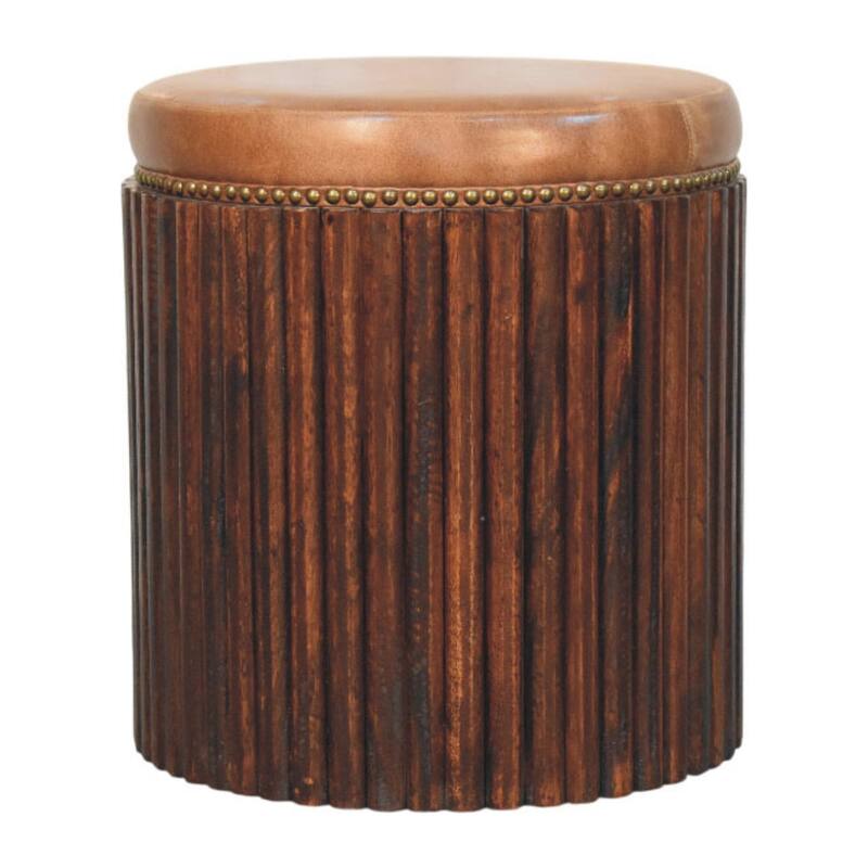 Artisan Furniture Solid Wood Ribbed Leather Accent Stool ,Brown
