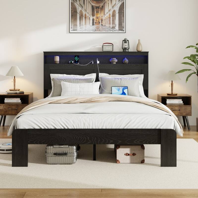 Wood Platform Bed Frame with Storage LED Light Headboard and 2 USB, Under Bed Storage, No Box Spring Needed