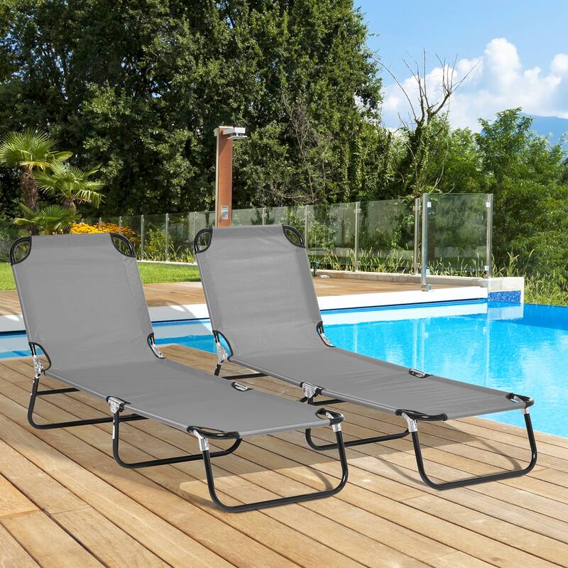 Outsunny 2 Piece Folding Chaise Lounge Pool Chairs, Outdoor Sun Tanning Chairs with 5-Level Reclining Back - Grey - Grey