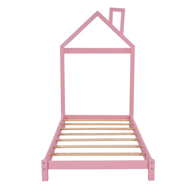 Twin Size Wood Platform Bed with House-shaped Headboard for Kids