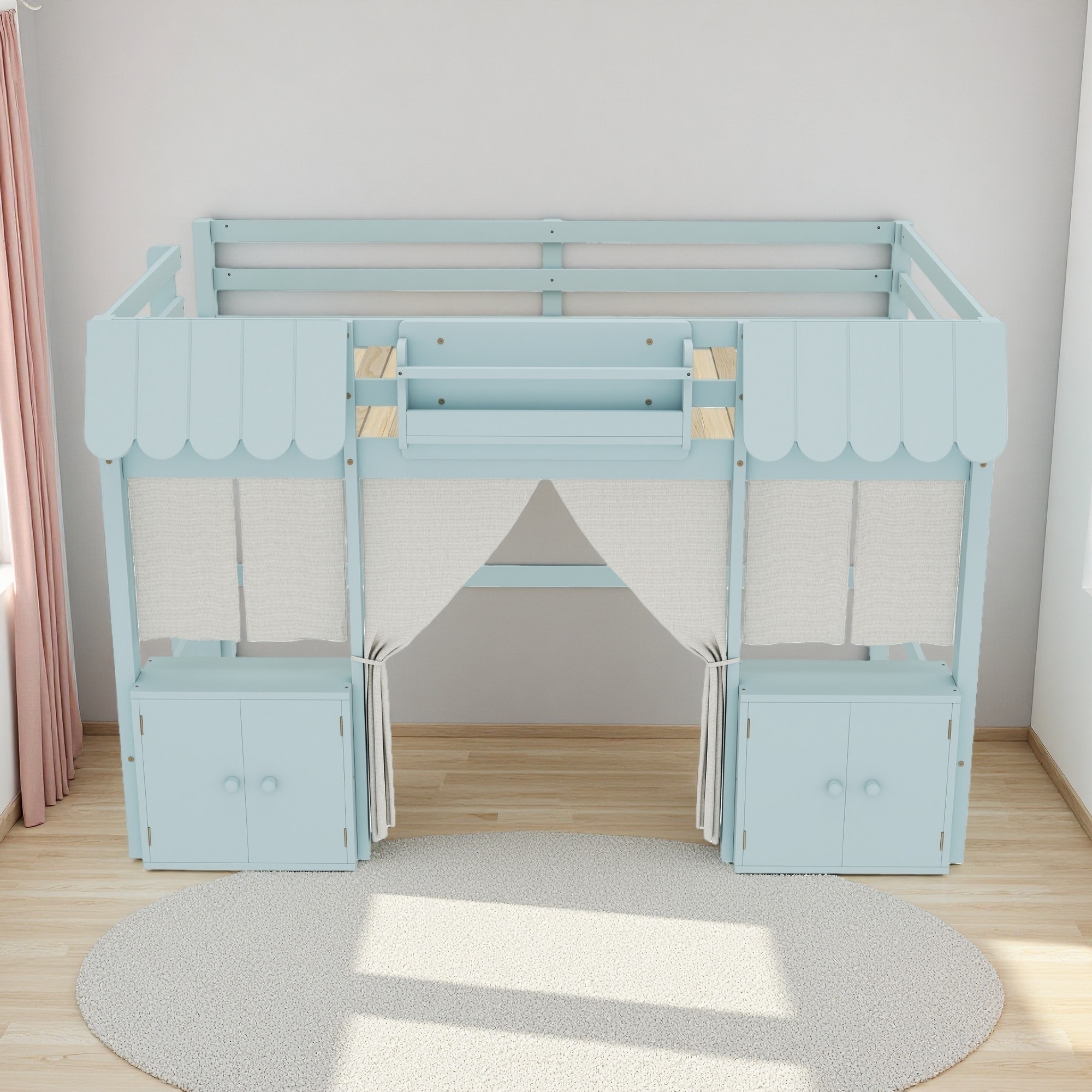 Full Wood Loft Bed with Bookshelf, Curtain, Storage Shelf & Playful Cottage Design