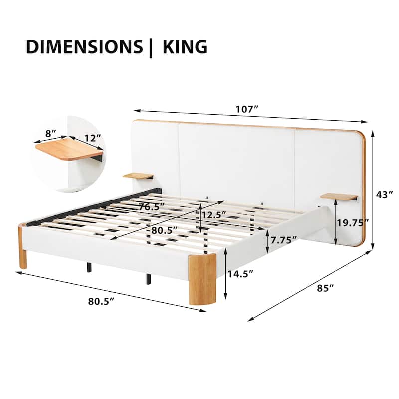 Christopher Knight Home - Modern Boucle Upholstered Platform Bed with Built-In Floating Shelves