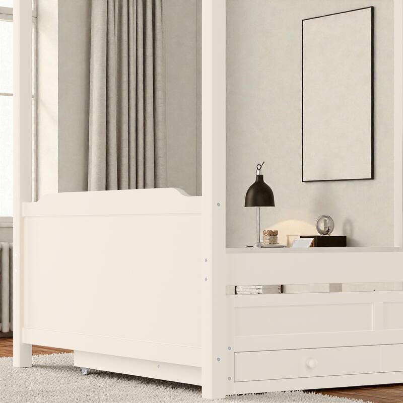 Princess Canopy Platform Bed with Upholstered Headboard, Trundle and 3 Drawers, Kids House Bed Frame with Storage