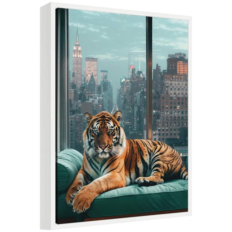 Kate and Laurel Sylvie Graceful Tiger in New York Framed Canvas by Michael Schauer - 18x24 - White
