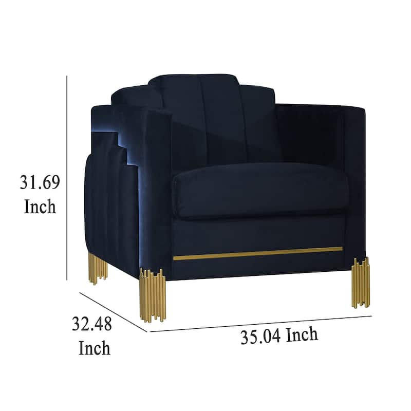 Theo Accent Chair, Black Velvet, Blue LED Lights, Gold Metal Legs