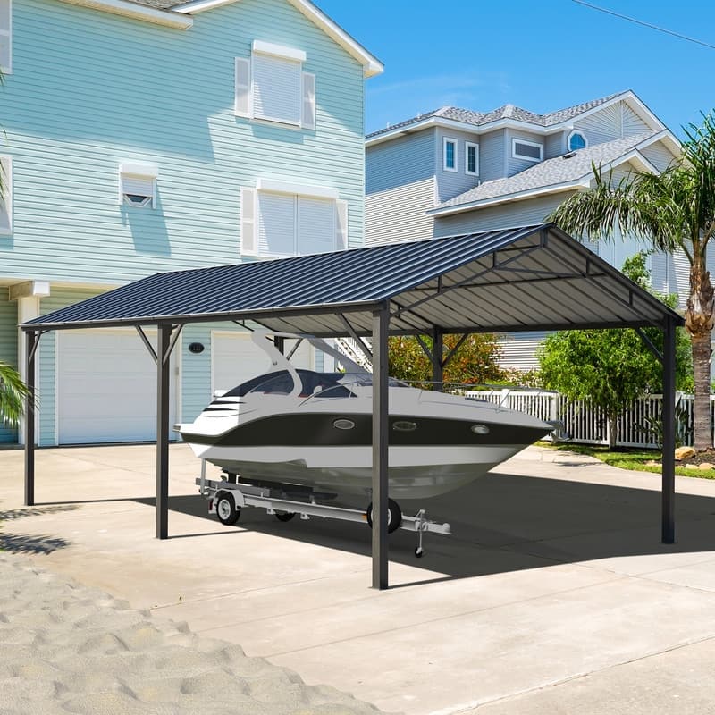 Erommy Outdoor Carport with Galvanized Steel Roof, Heavy-Duty All-Weather Shelter for Cars, Boats and Equipment - 12'x20' - Heavy-Duty