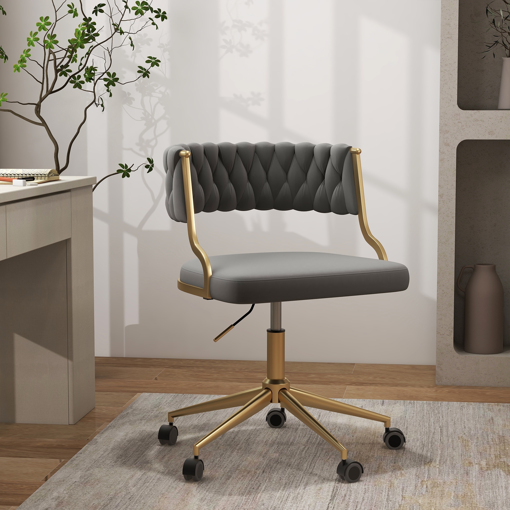 Grey velvet desk store chair with wheels