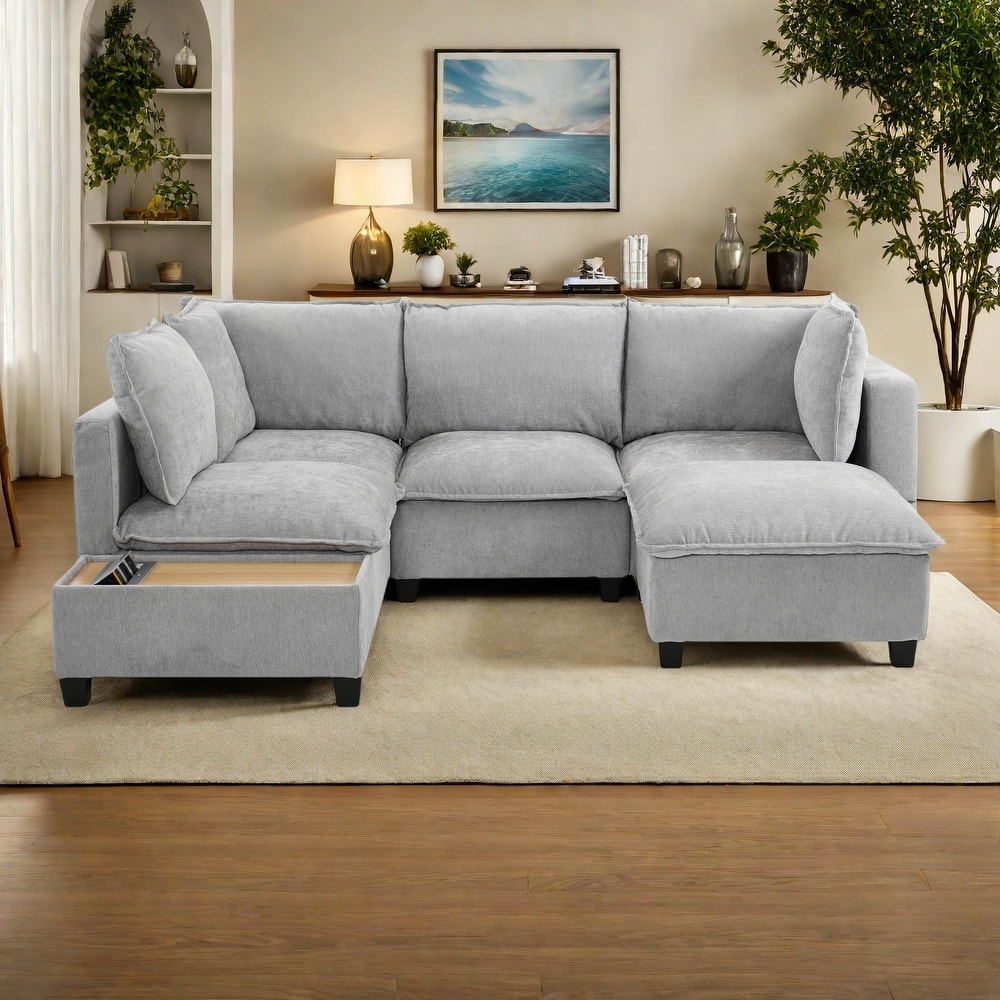 90" Chenille U-Shaped Sectional Sofa with Movable Ottoman, Coffee Table with Hidden Charging Devices, and Free Configurations