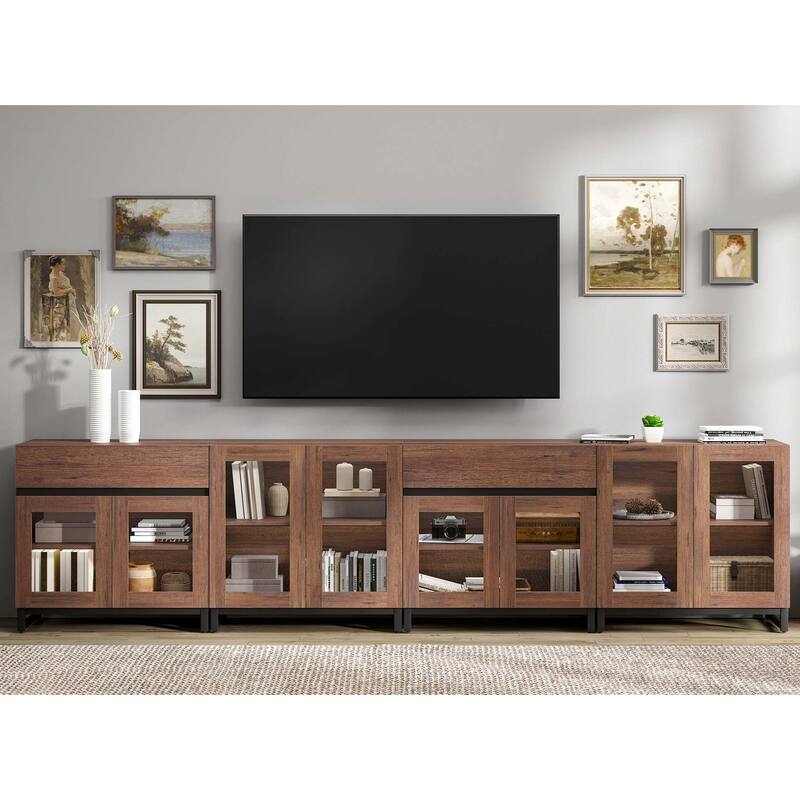 4-in-1 TV Stand for 120" TVs, Modern Console with Glass Doors & 2 Drawers, Adjustable Shelf