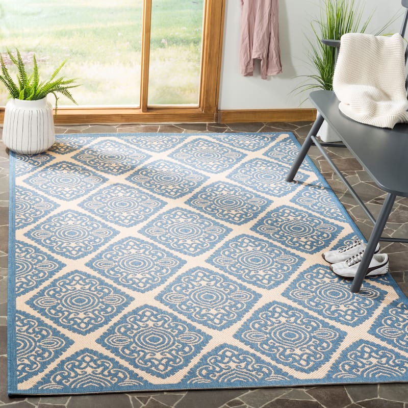 SAFAVIEH Linden Sharron Indoor/ Outdoor Waterproof Patio Backyard Rug - 4' x 6' - Cream/Blue
