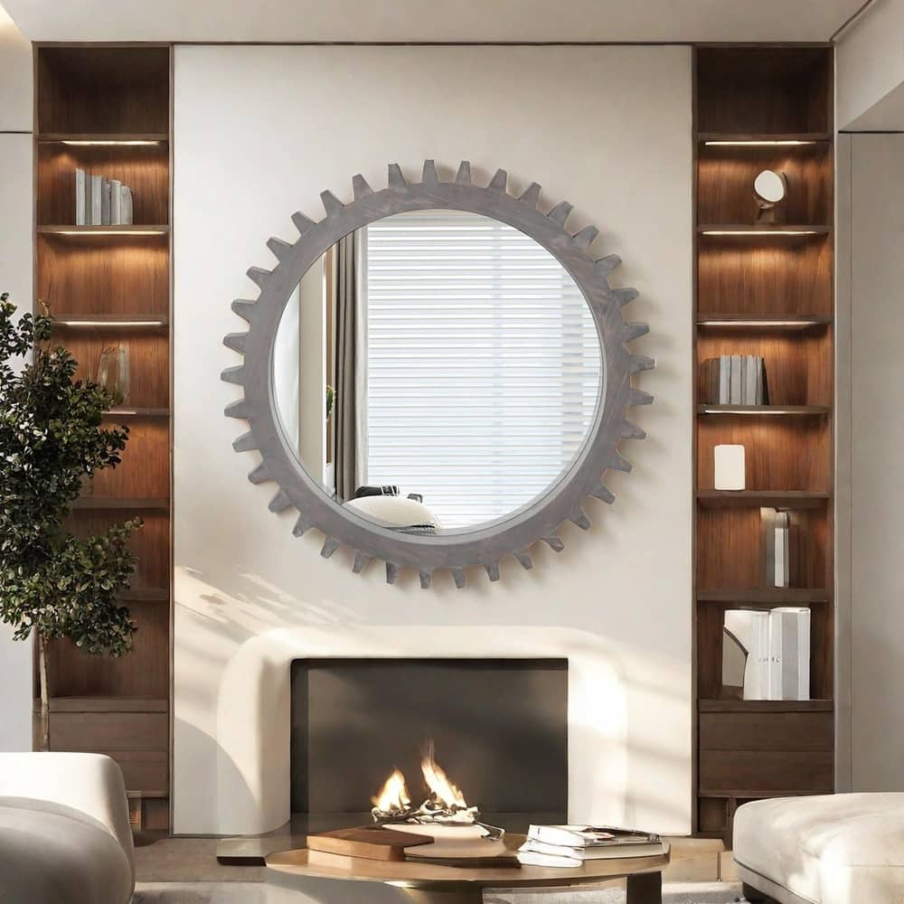 Vintage Gear-Shaped Round Wood Wall Mirror