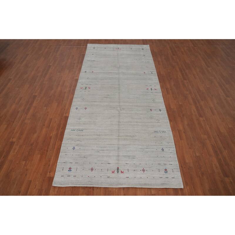 Hand Knotted Oriental Viscose Silk Carpet Tribal Animal Pictorial Greys & Charcoal Gabbeh Area Rug - 11' 10'' X 5' 2''