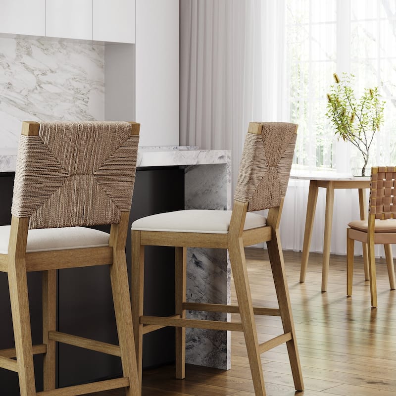 Beacon Bohemian Boucle Bar Stool, Upholstered Counter Height Chair with Solid Wood Frame and Woven Seagrass Back