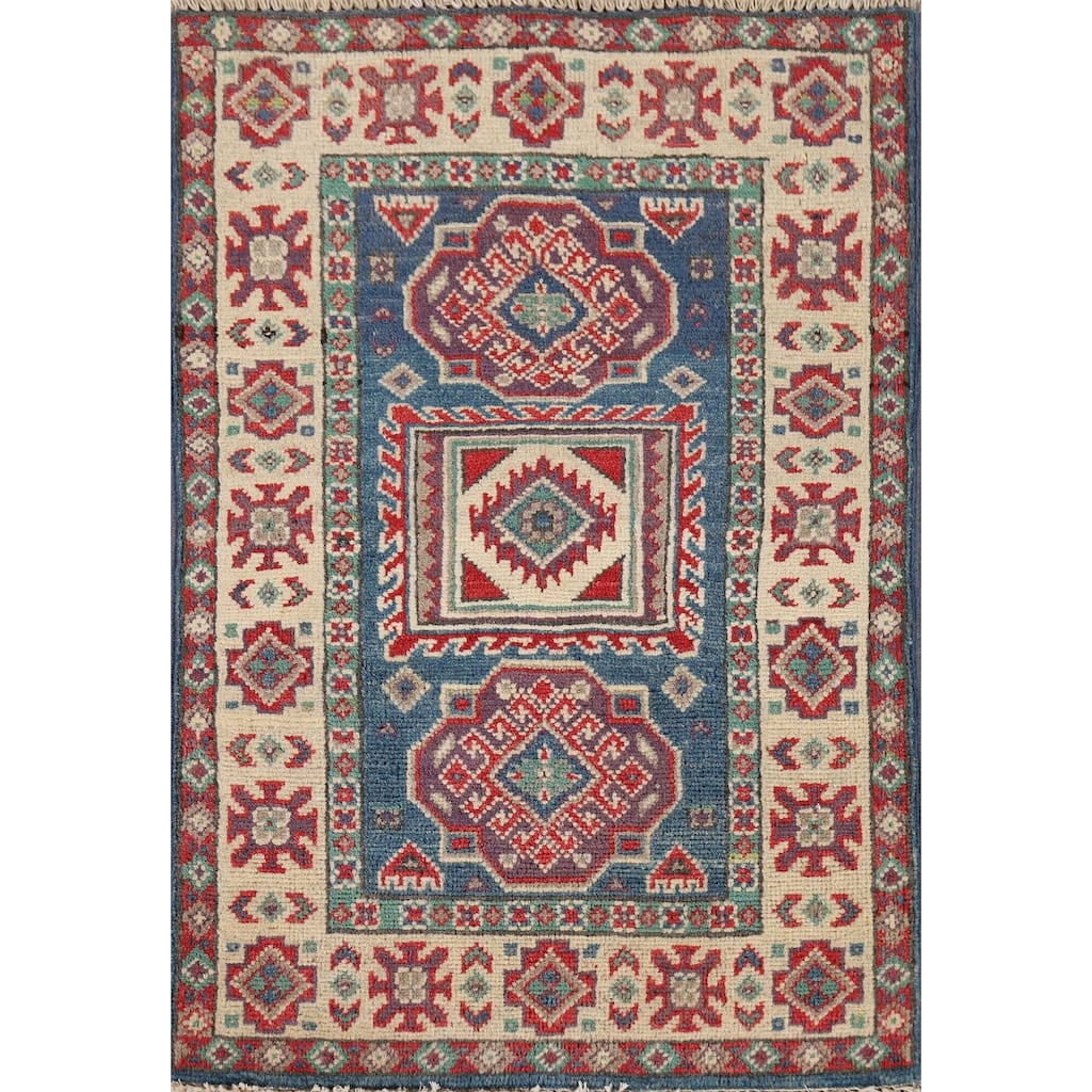 Blue Geometric Kazak Foyer Rug Handmade Wool Carpet - 2'0" x 3'0"