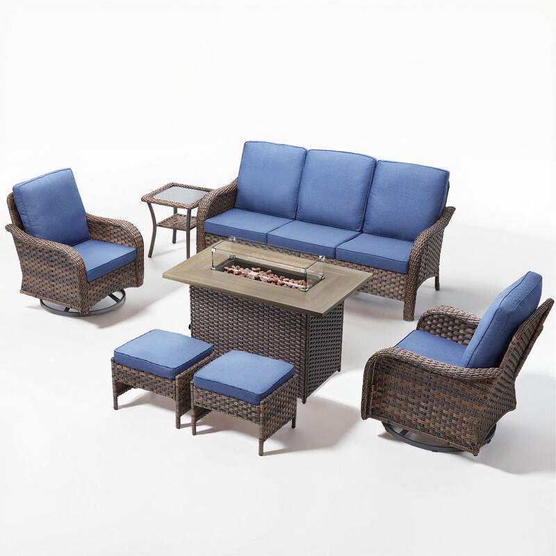 Cavira Brown Wicker Patio Fire Pit Conversation Set with Swivel Gliders