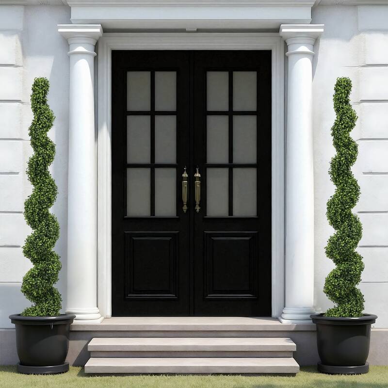 6FT Artificial Spiral Topiary Trees - Outdoor Faux Boxwood Plants with Large Twisted Green Potted Design for Garden