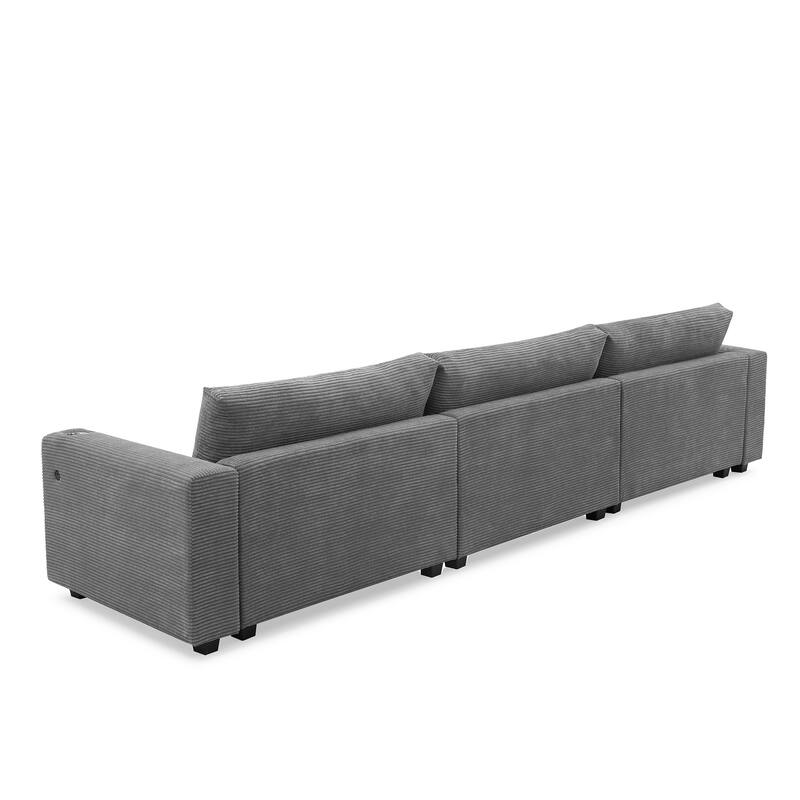 Spacious 4-Seater Corduroy Cloud Couch with Chaise, USB Charging Ports, and Cup Holders