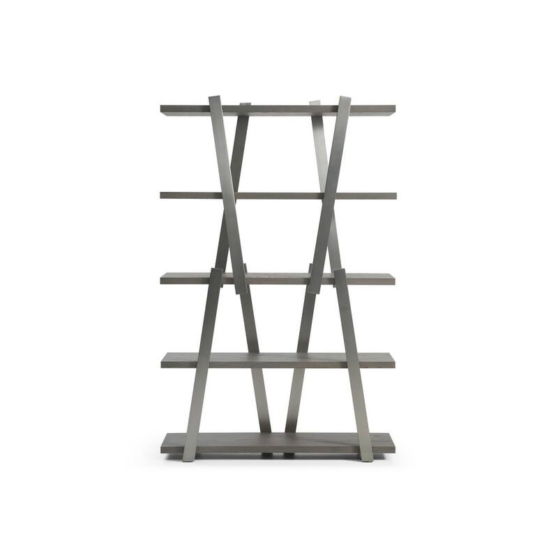 HomeRoots 71" Gray And Silver Stainless Steel and Wood Four Tier Geometric Bookcase